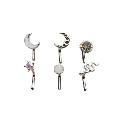 Multi-Pack CZ Star and Moon L-Bend Nose Rings 6 Pack - 20 Gauge