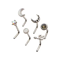 Multi-Pack CZ Star and Moon L-Bend Nose Rings 6 Pack - 20 Gauge