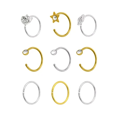 Multi-Pack CZ Moon and Star Hoop Nose Rings 9 Pack - 20 Gauge