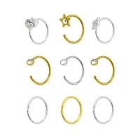 Multi-Pack CZ Moon and Star Hoop Nose Rings 9 Pack - 20 Gauge