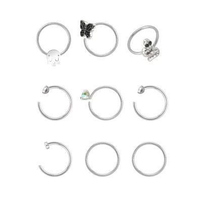 Multi-Pack Skull and Butterfly Hoop Nose Rings 9 Pack - 20 Gauge