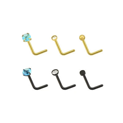 Multi-Pack Black and Goldtone L-Bend Nose Rings 6 Pack - 20 Gauge