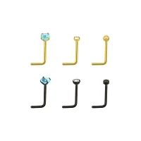 Multi-Pack Black and Goldtone L-Bend Nose Rings 6 Pack - 20 Gauge