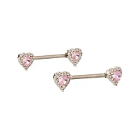 Pink CZ Heart Nipple Barbells - 14 Gauge