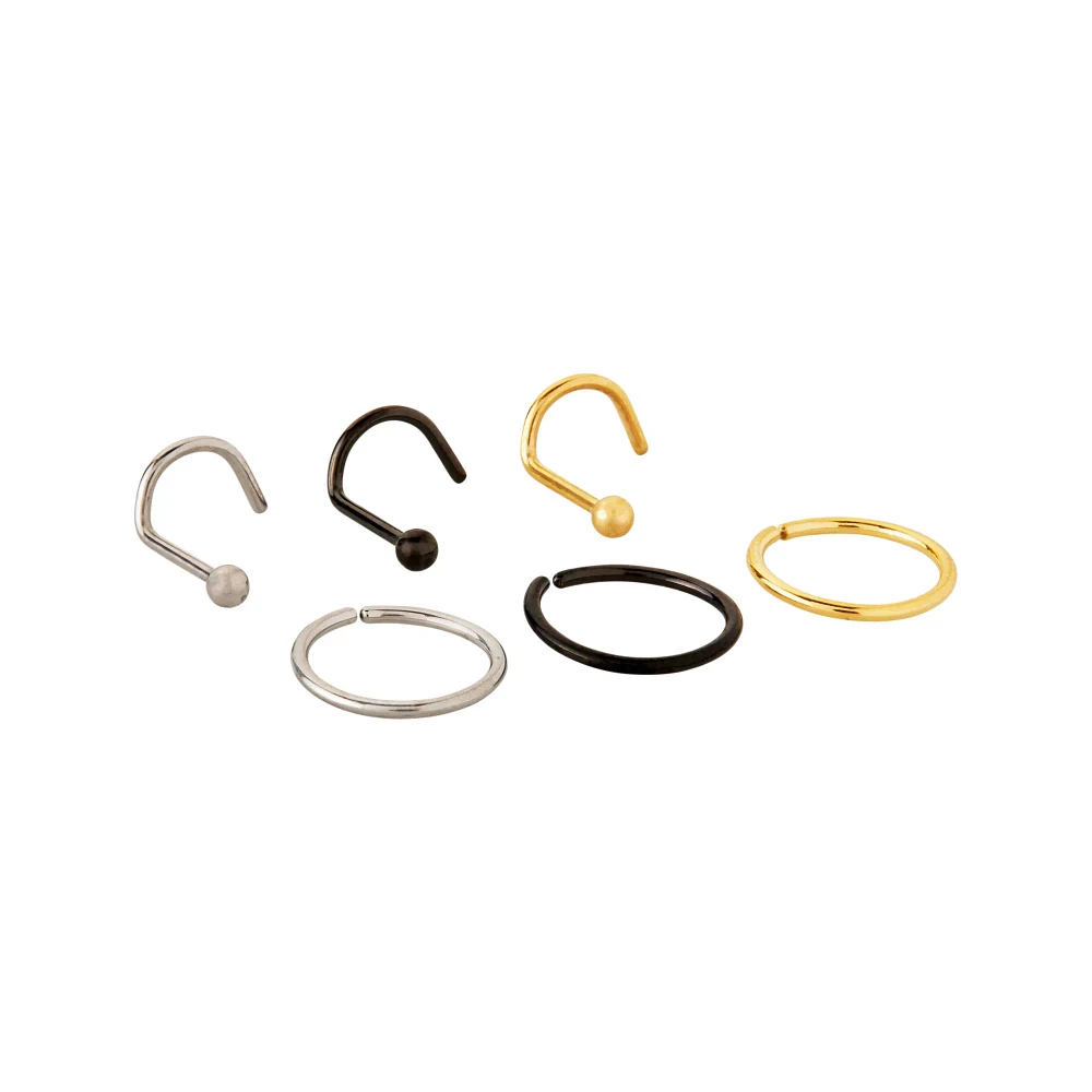 Multi-Pack CZ Silvertone Black and Goldtone Hoop Earrings 6 Pair - 20 Gauge Screw and Hoop Nose Rings 6 Pack - 20 Gauge