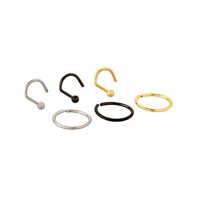 Multi-Pack CZ Silvertone Black and Goldtone Hoop Earrings 6 Pair - 20 Gauge Screw and Hoop Nose Rings 6 Pack - 20 Gauge
