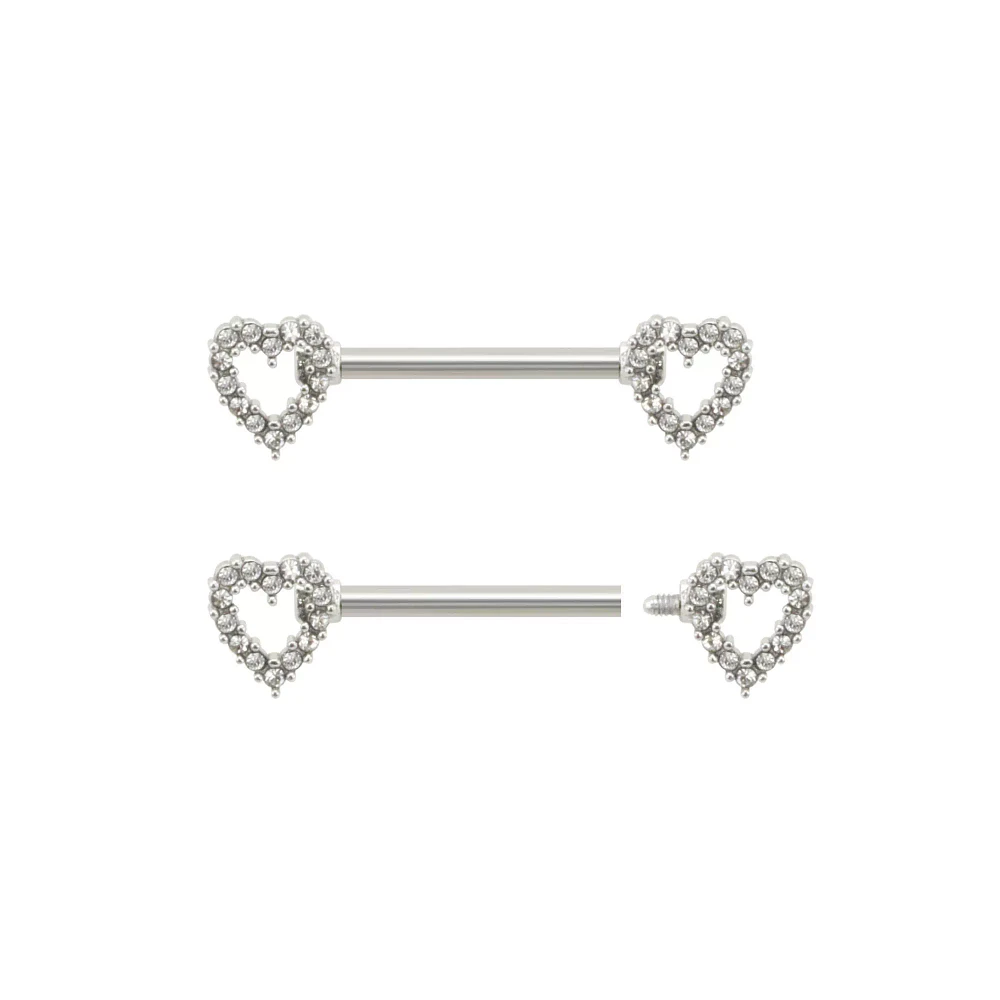 CZ Silvertone Rhinestone Heart Nipple Barbells - 14 Gauge