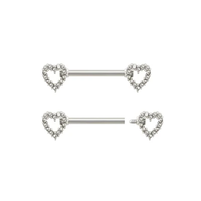 CZ Silvertone Rhinestone Heart Nipple Barbells - 14 Gauge
