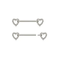 CZ Silvertone Rhinestone Heart Nipple Barbells - 14 Gauge
