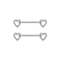 CZ Silvertone Rhinestone Heart Nipple Barbells - 14 Gauge