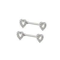 CZ Silvertone Rhinestone Heart Nipple Barbells - 14 Gauge