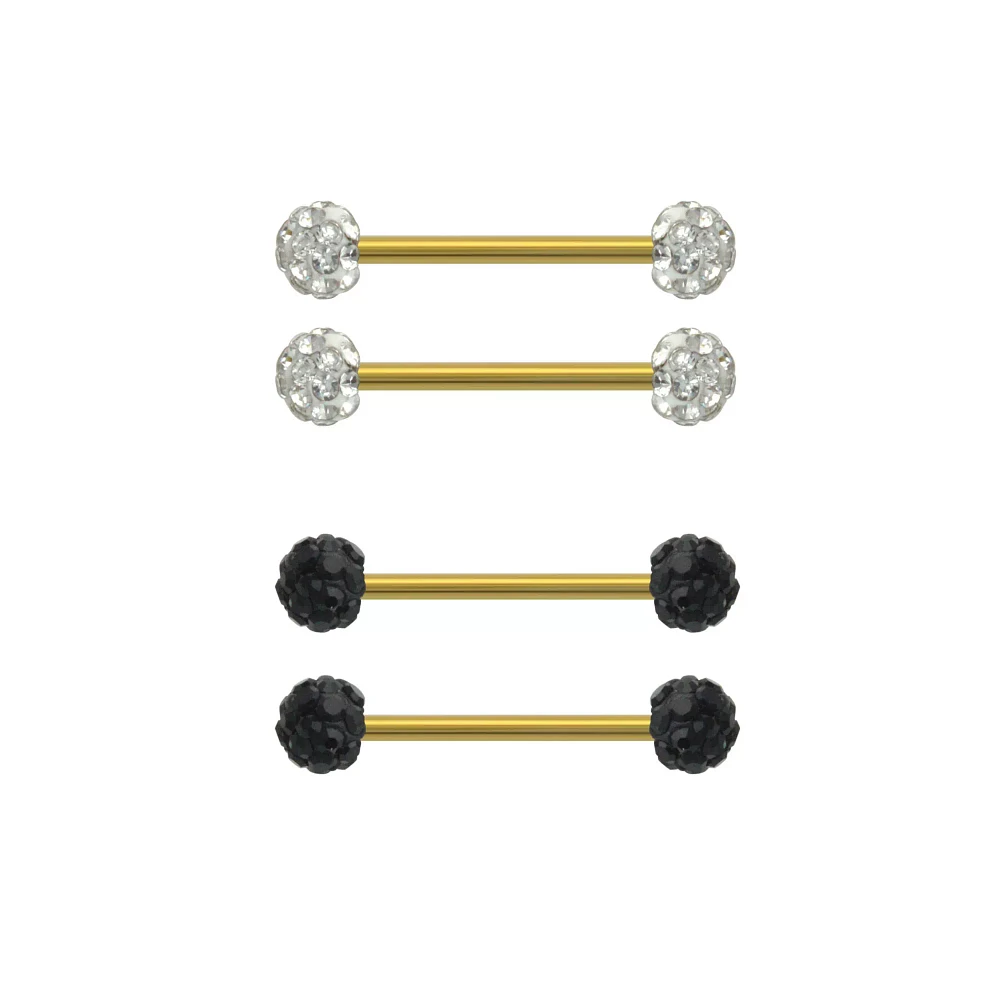 Goldtone Black and Silvertone Pave Nipple Barbells 4 Pack - 14 Gauge