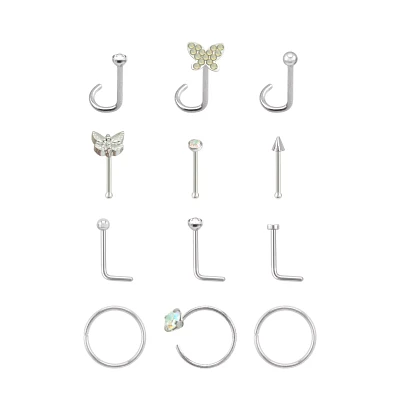 Multi-Pack Silvertone L-Bend Nose Rings Pin Nose Rings and Hoop Nose Rings 12 Pack - 20 Gauge