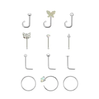 Multi-Pack Silvertone L-Bend Nose Rings Pin Nose Rings and Hoop Nose Rings 12 Pack - 20 Gauge