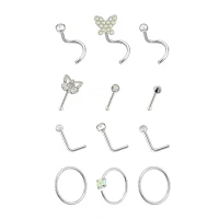 Multi-Pack Silvertone L-Bend Nose Rings Pin Nose Rings and Hoop Nose Rings 12 Pack - 20 Gauge