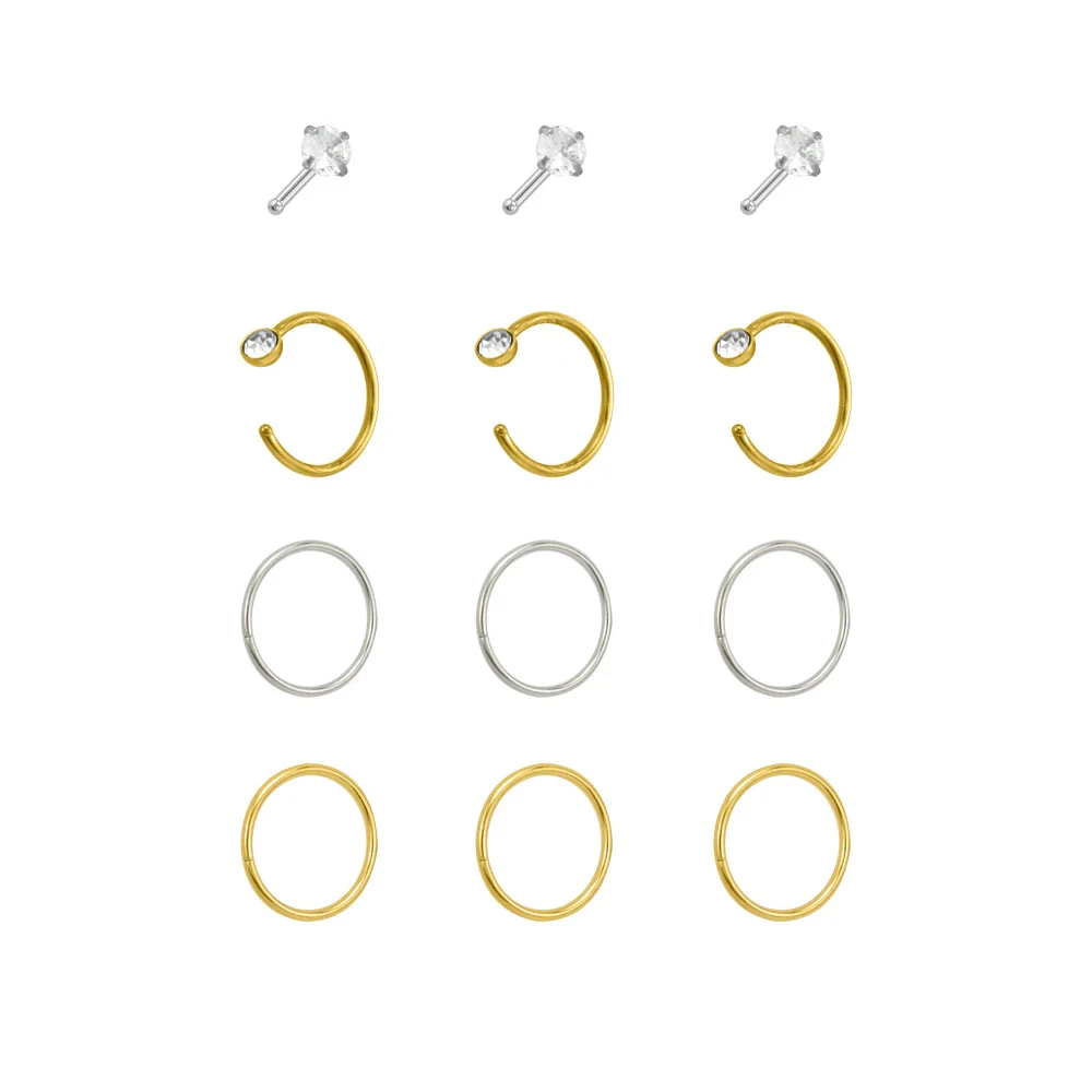 Multi-Pack CZ Goldtone and Silvertone Pin Nose Rings and Hoop Nose Rings 12 Pack - 20 Gauge