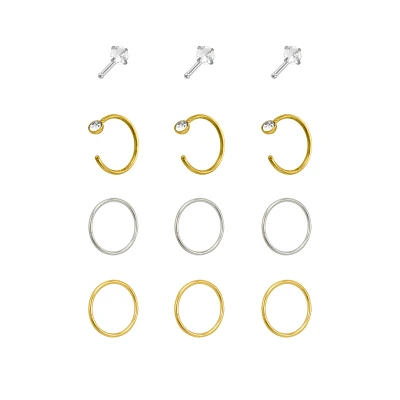 Multi-Pack CZ Goldtone and Silvertone Pin Nose Rings and Hoop Nose Rings 12 Pack - 20 Gauge