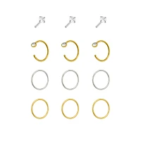 Multi-Pack CZ Goldtone and Silvertone Pin Nose Rings and Hoop Nose Rings 12 Pack - 20 Gauge