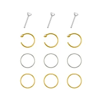 Multi-Pack CZ Goldtone and Silvertone Pin Nose Rings and Hoop Nose Rings 12 Pack - 20 Gauge