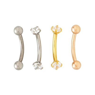 Multi-Pack CZ Silvertone and Goldtone Pronged Curved Barbells 4 Pack - 16 Gauge
