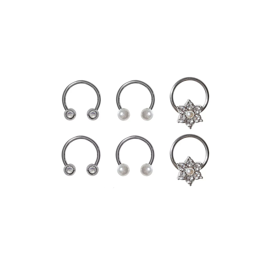 CZ and Flower Horseshoe and Captive Rings 6 Pack - 16 Gauge