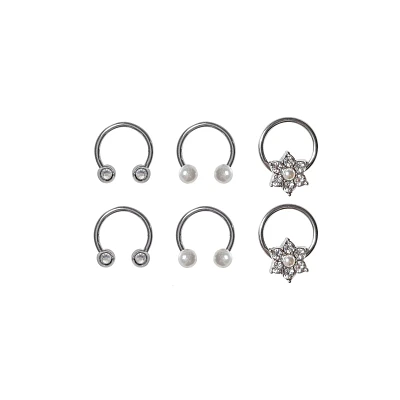 CZ and Flower Horseshoe and Captive Rings 6 Pack - 16 Gauge