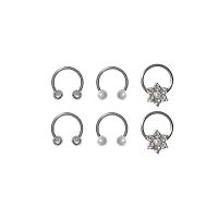 CZ and Flower Horseshoe and Captive Rings 6 Pack - 16 Gauge