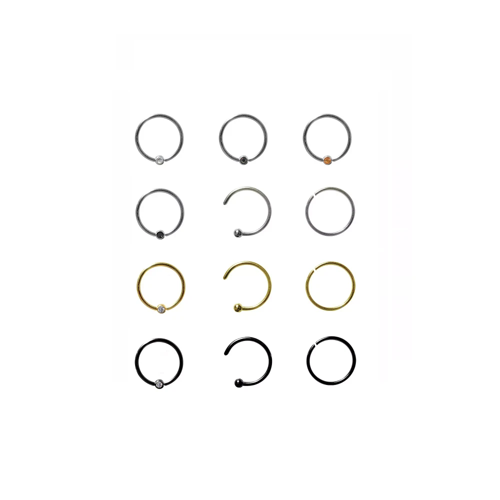 Multi-Pack Goldtone and Black Assorted Hoop Nose Rings 12 Pack - 20 Gauge