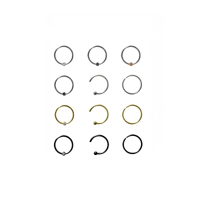 Multi-Pack Goldtone and Black Assorted Hoop Nose Rings 12 Pack - 20 Gauge