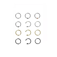 Multi-Pack Goldtone and Black Assorted Hoop Nose Rings 12 Pack - 20 Gauge