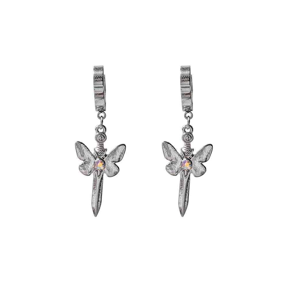 Butterfly Sword Huggie Dangle Earrings - 18 Gauge