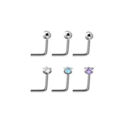 Multi-Pack Triangle CZ L-Bend Nose Rings 6 Pack - 20 Gauge