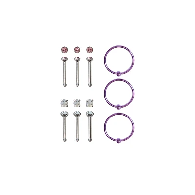 Multi-Pack CZ Pink Pin Nose Rings and Hoop Nose Rings 9 Pack - 20 Gauge