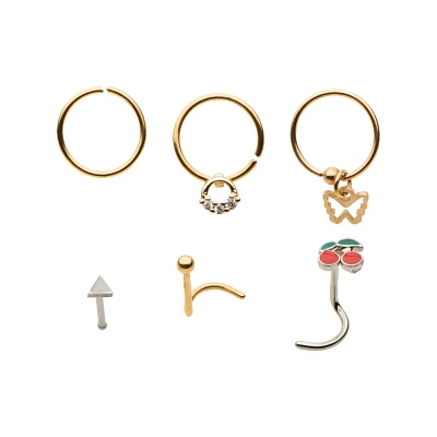 Multi-Pack CZ Cherry Butterfly Pin L-Bend and Hoop Nose Rings 6 Pack - 16 Gauge