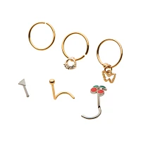 Multi-Pack CZ Cherry Butterfly Pin L-Bend and Hoop Nose Rings 6 Pack - 16 Gauge