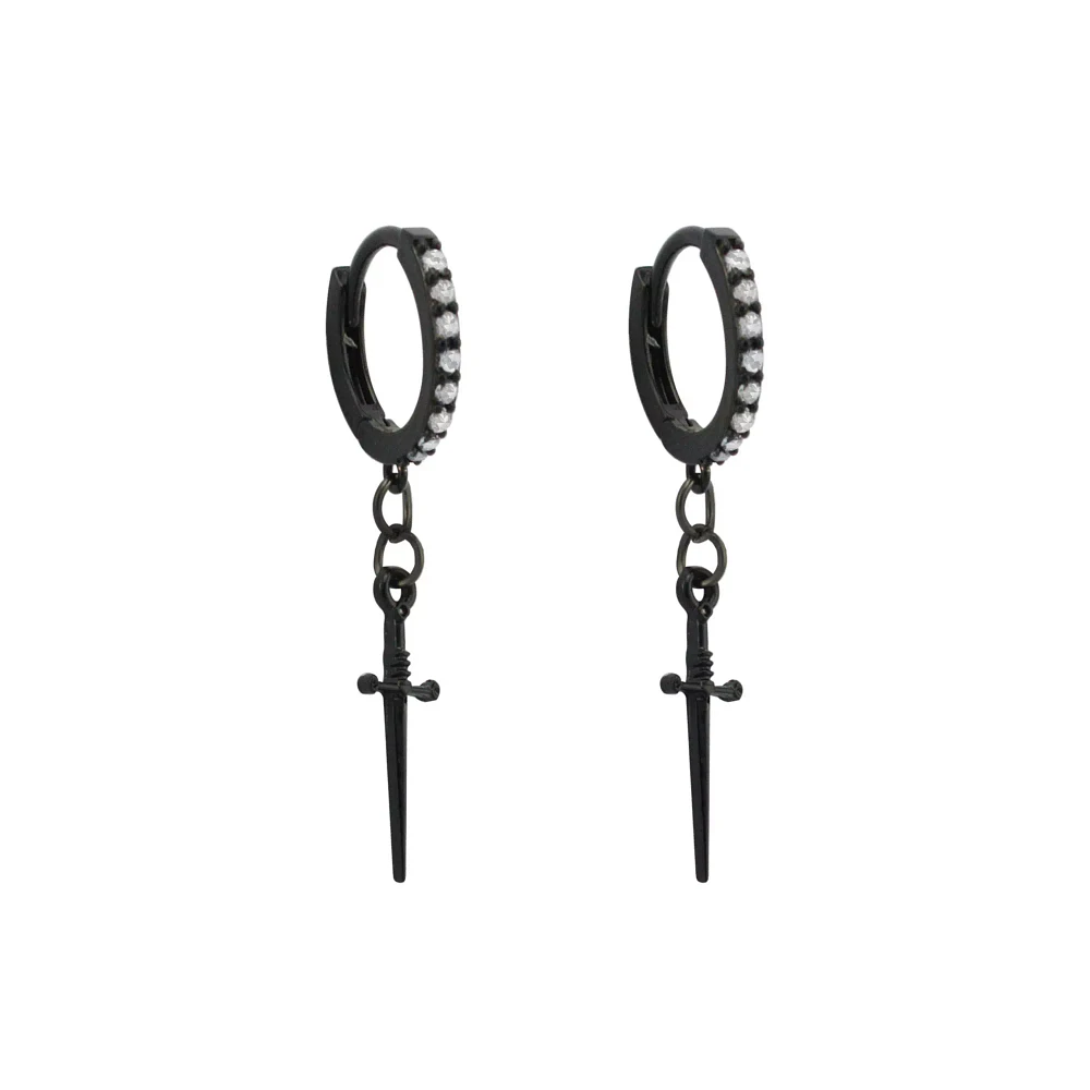 CZ Black Antique Pointy Dagger Handle Huggie Hoop Dangle Earrings