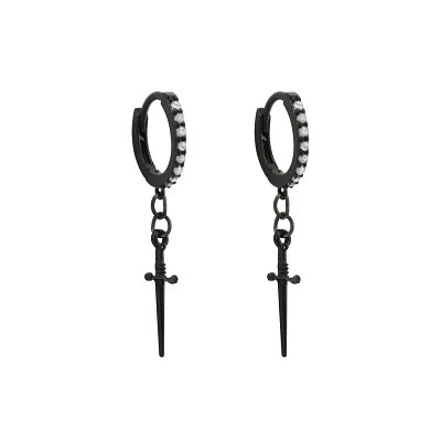 CZ Black Antique Pointy Dagger Handle Huggie Hoop Dangle Earrings