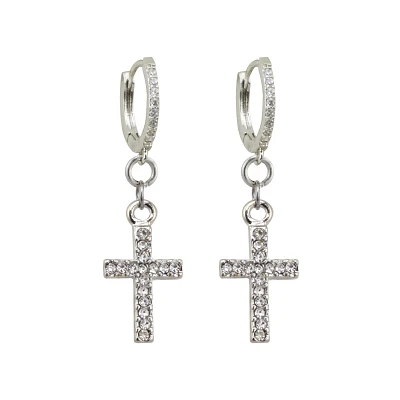 CZ Silvertone Titanium Cross Dangle Huggie Hoop Earrings