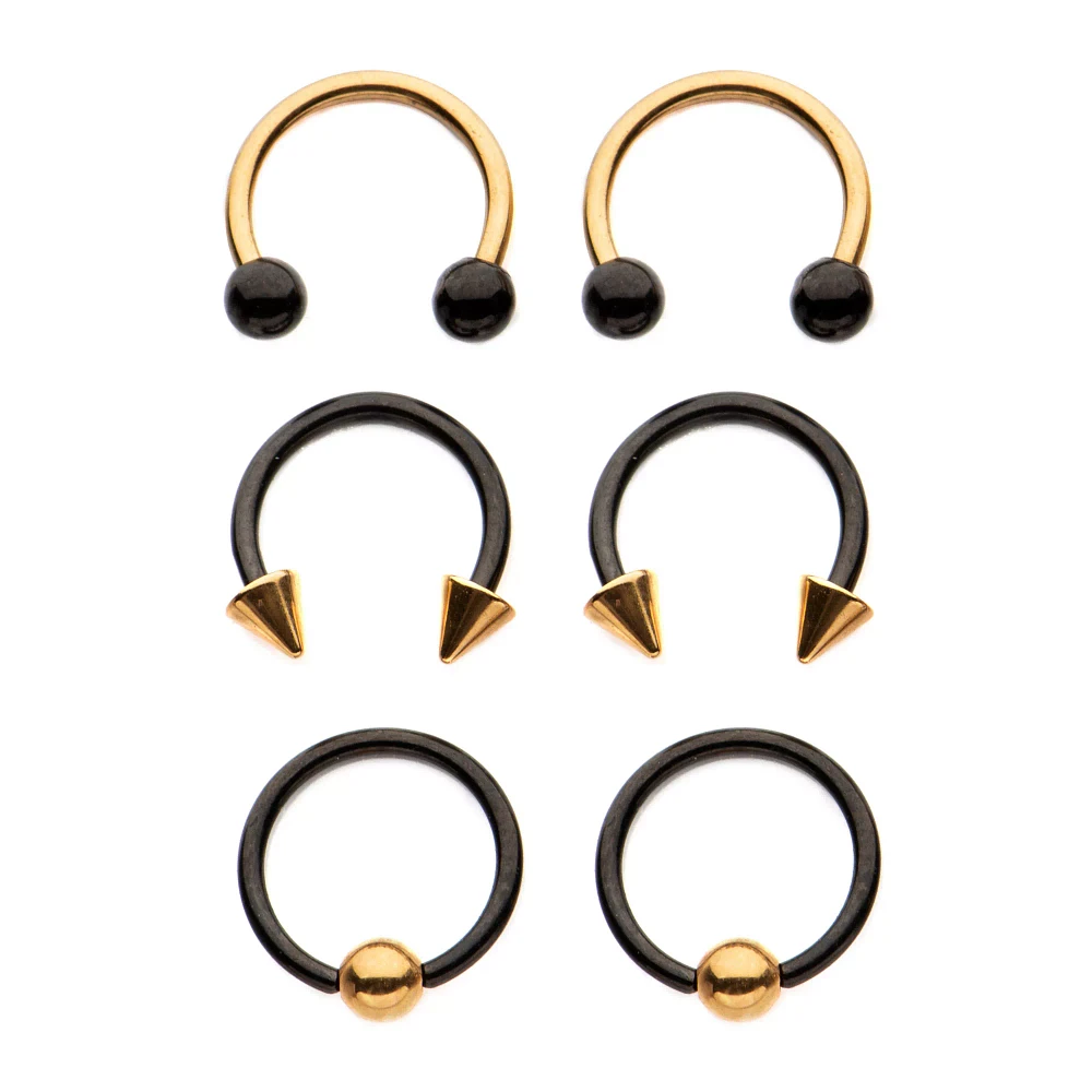 Multi-Pack Gold-Plated Spike Horseshoe and Captive Rings 6 Pack - 18 Gauge