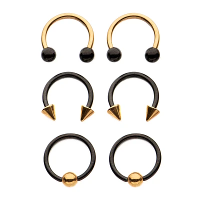 Multi-Pack Gold-Plated Spike Horseshoe and Captive Rings 6 Pack - 18 Gauge