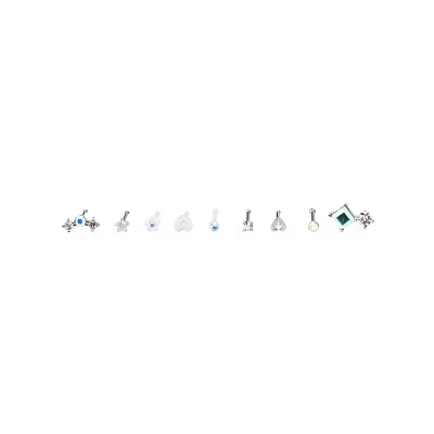 Multi-Pack CZ Heart Flower and Star Bone Nose Rings 9 Pack - 20 Gauge