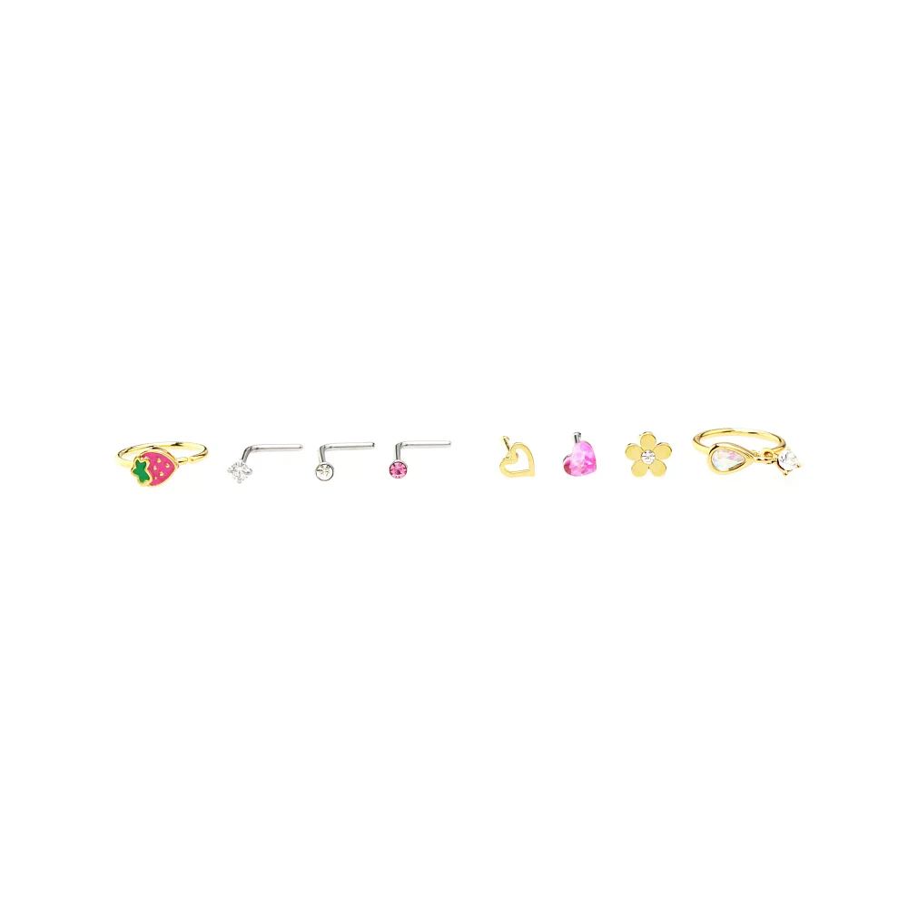 Multi-Pack CZ Flower and Strawberry Mixed Nose Rings 9 Pack - 20 Gauge