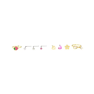 Multi-Pack CZ Flower and Strawberry Mixed Nose Rings 9 Pack - 20 Gauge
