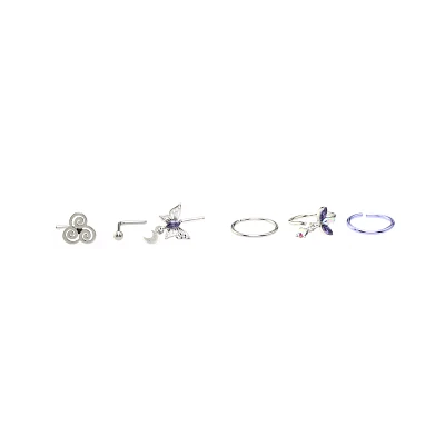 Multi-Pack CZ Butterfly Swirl Hoop Nose Rings and L-Bend 6 Pack - 20 Gauge