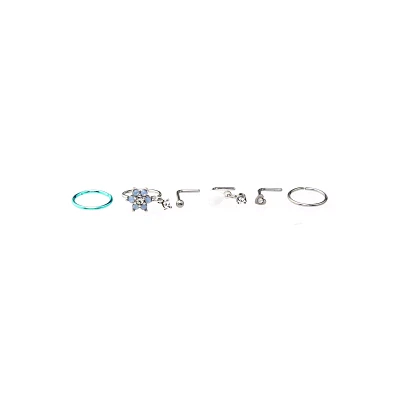 Multi-Pack CZ Heart and Flower Hoops and L-Bend Nose Rings 6 Pack - 20 Gauge