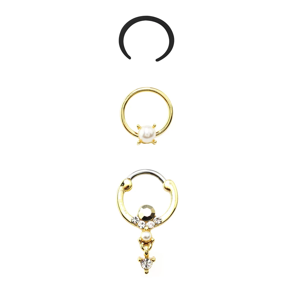 Multi-Pack CZ Goldtone Septum Clicker Retainer and Captive 3 Pack- 16 Gauge