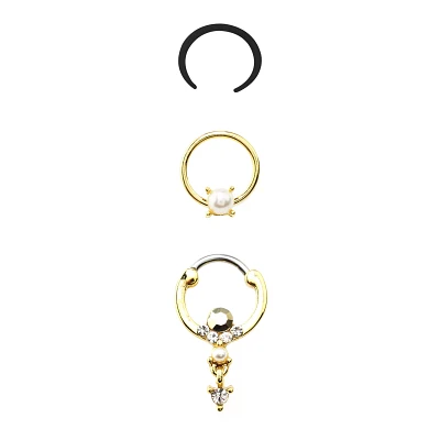 Multi-Pack CZ Goldtone Septum Clicker Retainer and Captive 3 Pack- 16 Gauge