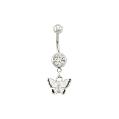 CZ Black and White Butterfly Titanium Dangle Belly Ring - 14 Gauge