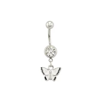 CZ Black and White Butterfly Titanium Dangle Belly Ring - 14 Gauge