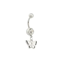 CZ Black and White Butterfly Titanium Dangle Belly Ring - 14 Gauge